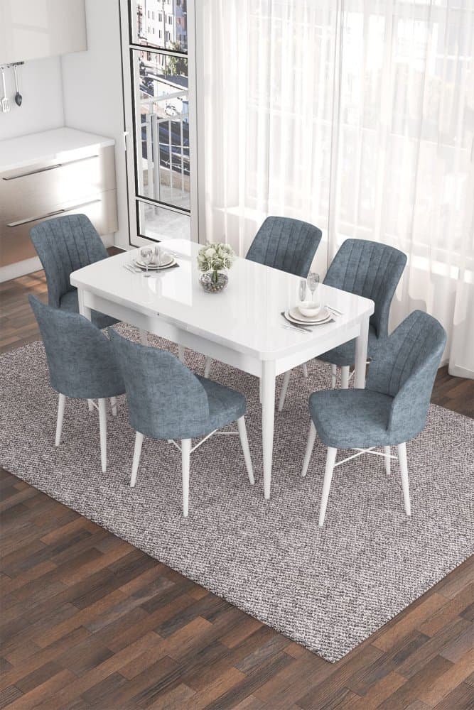 Extendable Dining Table & Chairs Set (7 Pieces) Eva - White, Grey 1