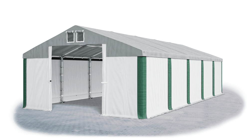 Skladový stan 5x10x2,5m strecha PVC 560g/m2 boky PVC 500g/m2 konštrukcie ZIMA PLUS Šedá Bílá Zelená