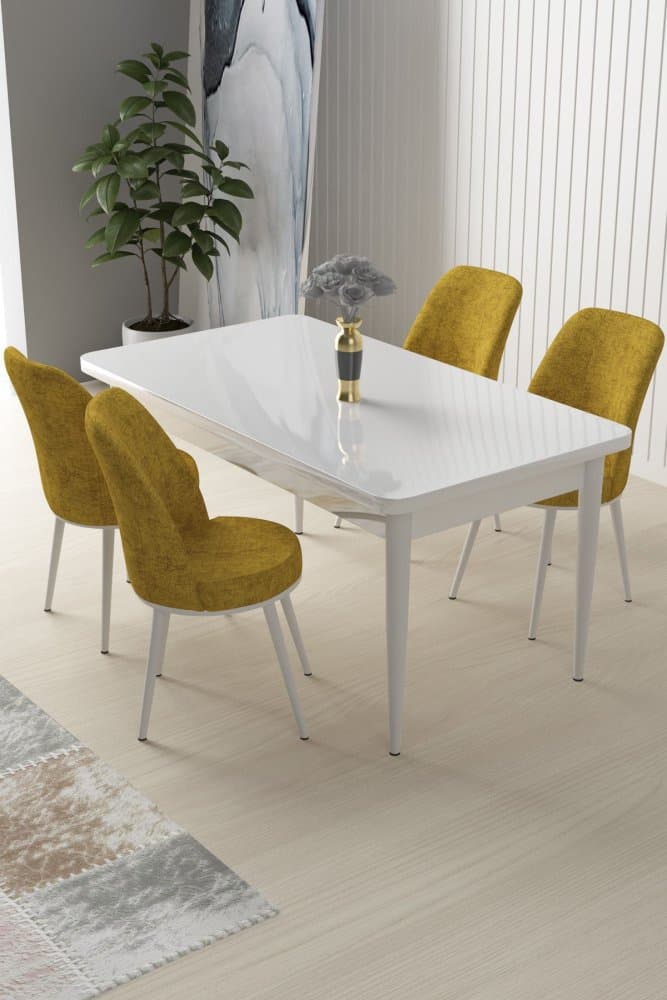 Dining Table & Chairs Set (5 Pieces) Nil - White, Mustard 1