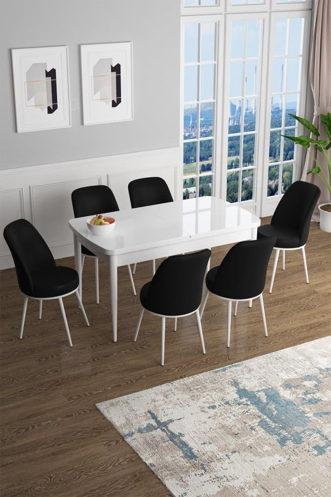 Extendable Dining Table & Chairs Set (7 Pieces) Han - White, Black 1
