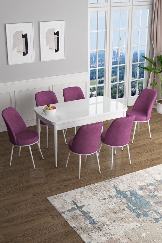 Extendable Dining Table & Chairs Set (7 Pieces) Han - White, Purple 1