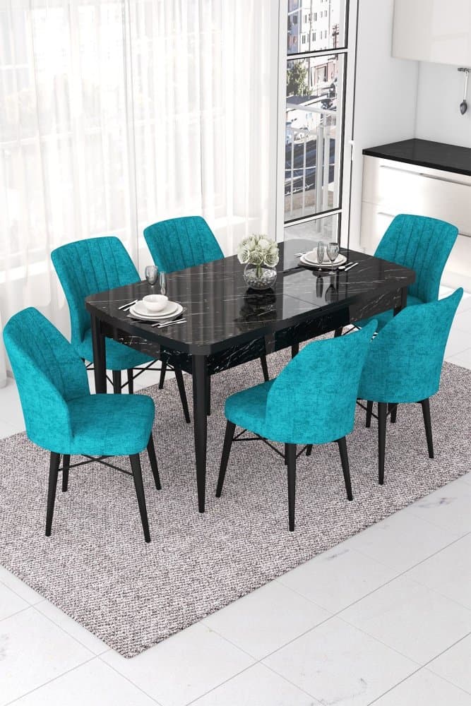 Extendable Dining Table & Chairs Set (7 Pieces) Nef - Black Marble, Turquoise 1