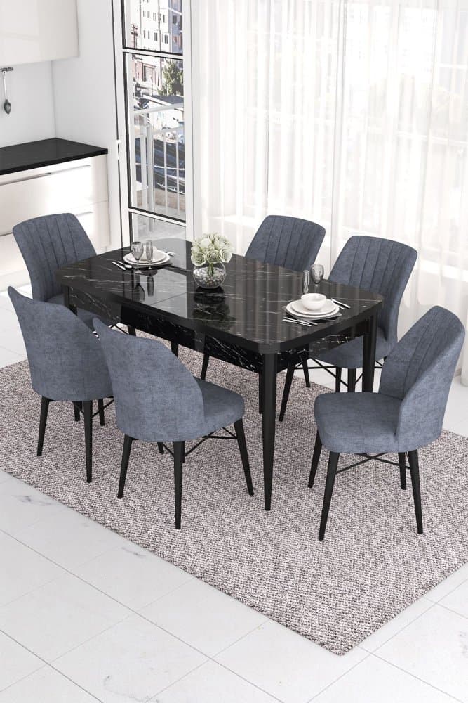 Extendable Dining Table & Chairs Set (7 Pieces) Eva - Black Marble, Fume 1