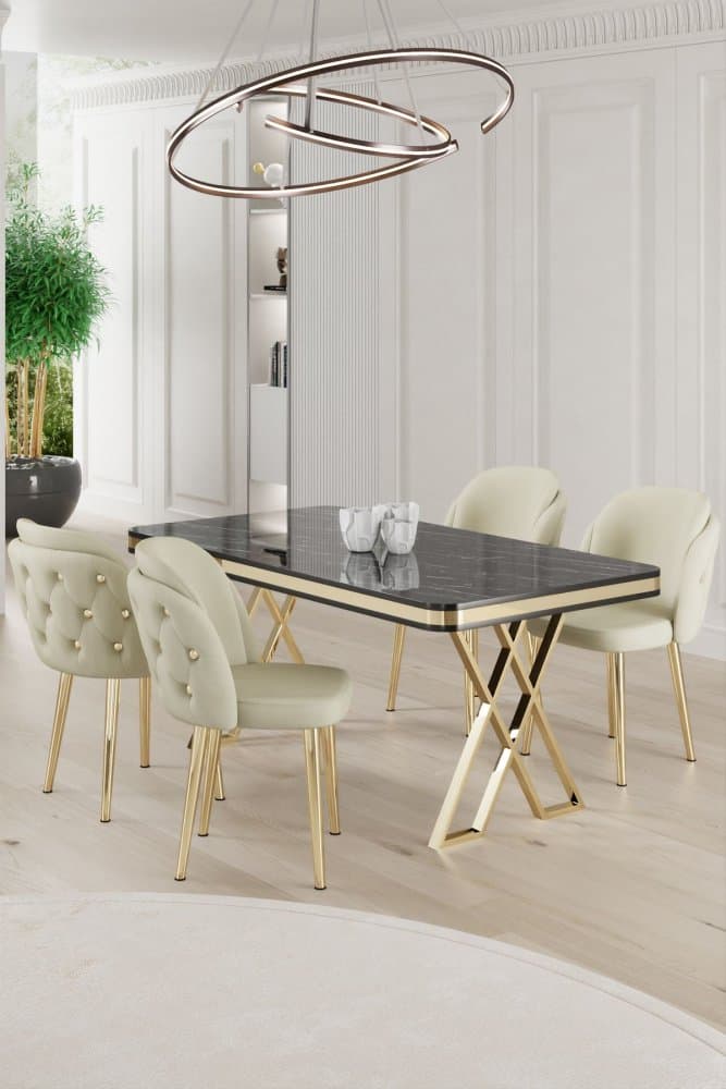 Dining Table & Chairs Set (5 Pieces) Rigel - Black Marble, Gold, Cream 1