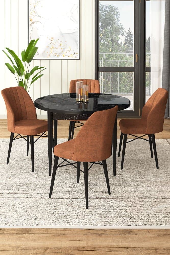 Dining Table & Chairs Set (5 Pieces) Rox - Black Marble, Tile Red 1