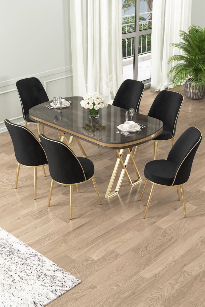 Dining Table & Chairs Set (7 Pieces) Lai - Anthracite, Gold, Black 1