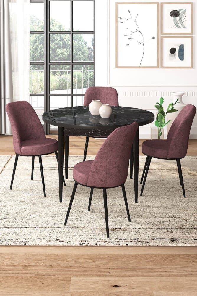 Dining Table & Chairs Set (5 Pieces) Tor - Black Marble, Dusty Rose 1