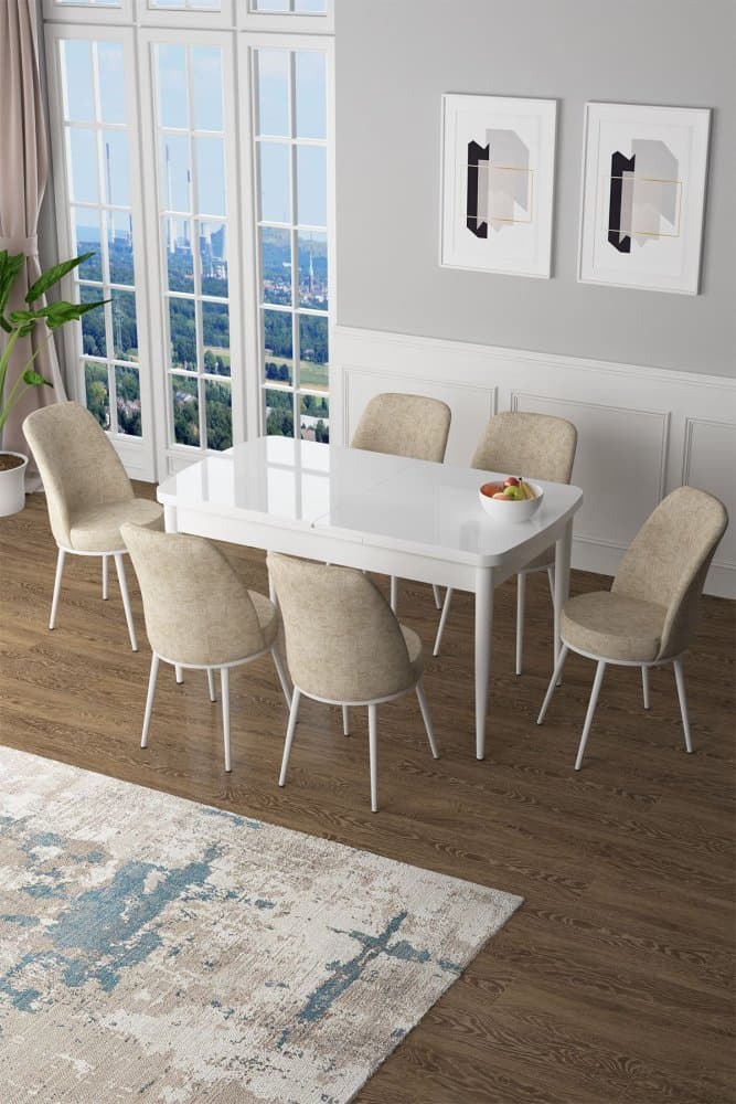 Extendable Dining Table & Chairs Set (7 Pieces) Zen - White, Cream 1