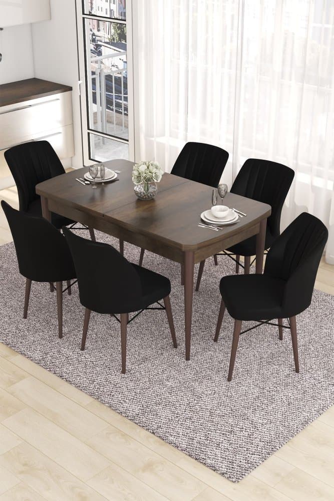 Extendable Dining Table & Chairs Set (7 Pieces) Eva - Baroque, Black 1