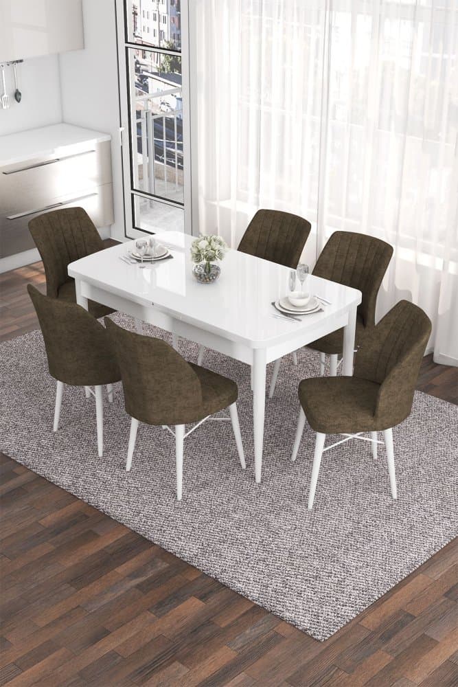 Extendable Dining Table & Chairs Set (7 Pieces) Eva - White, Brown