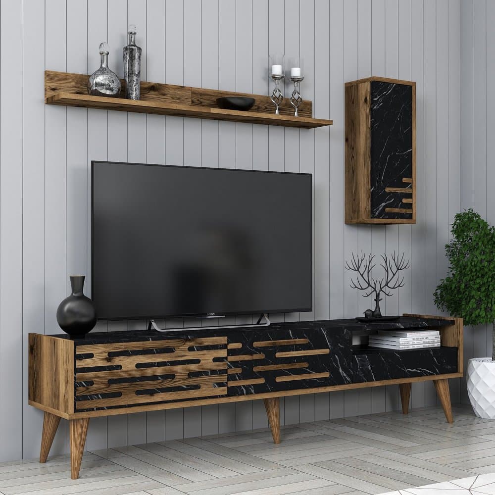 TV skrinka / Obývacia stena Valensiya - Walnut, Black, Marble 1