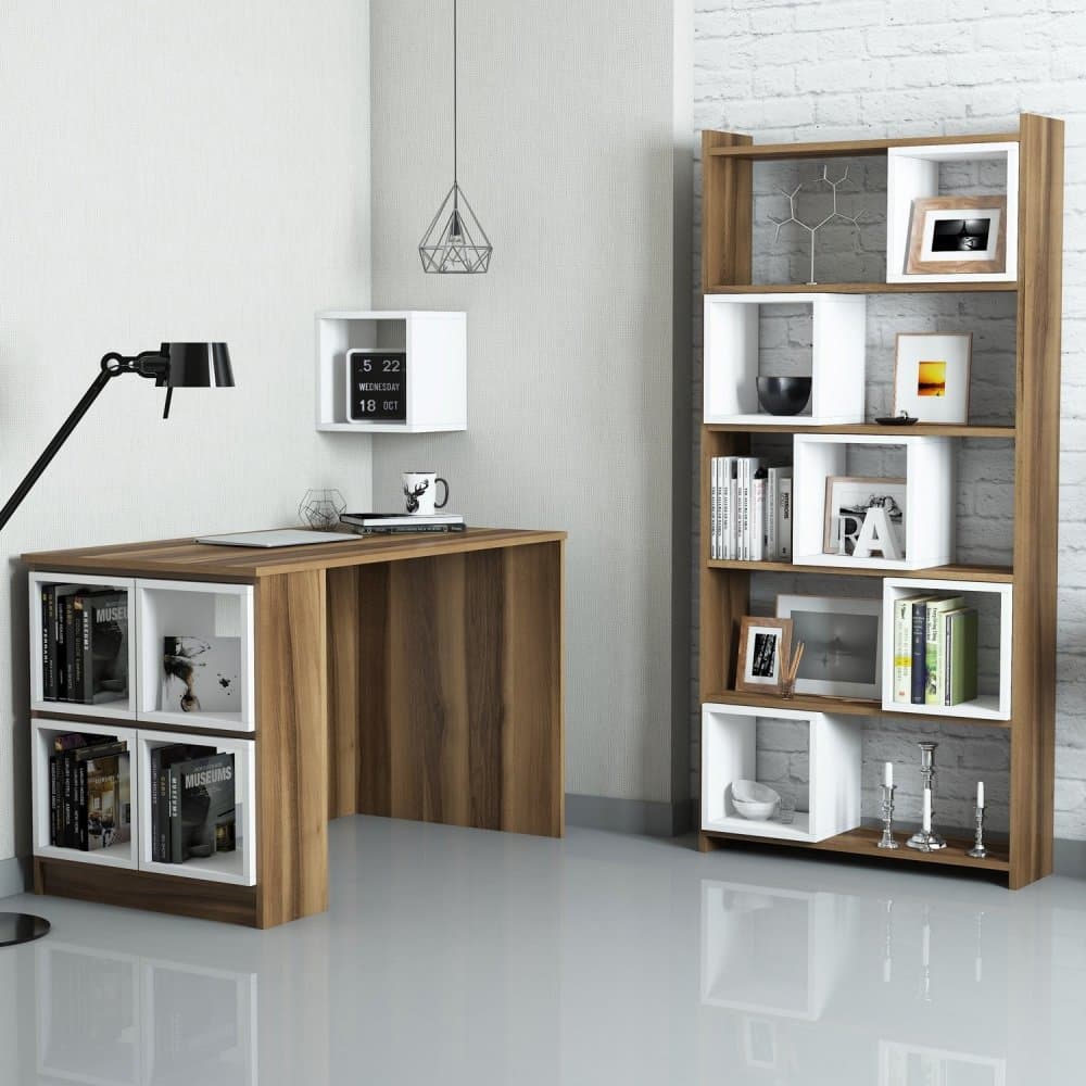 Písací stôl s knižnicou Box - Walnut, White