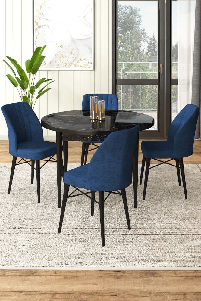 Dining Table & Chairs Set (5 Pieces) Rox - Black Marble, Navy Blue 1