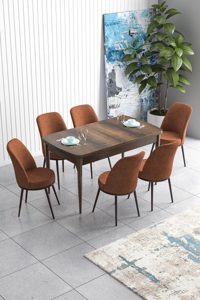 Extendable Dining Table & Chairs Set (7 Pieces) Han - Baroque, Tile Red 1
