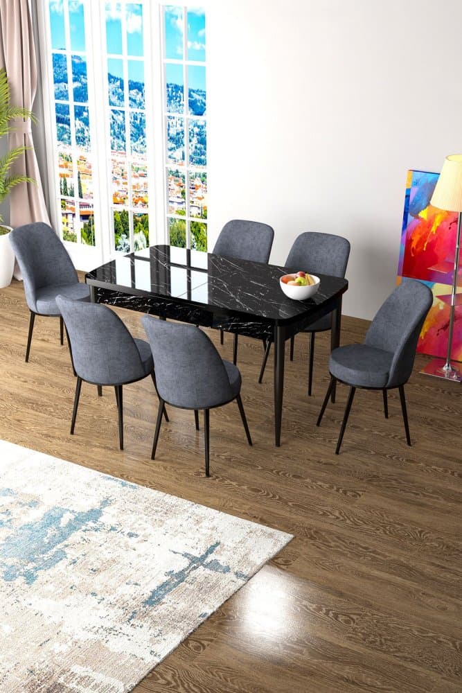 Extendable Dining Table & Chairs Set (7 Pieces) Zen - Black Marble, Fume 1
