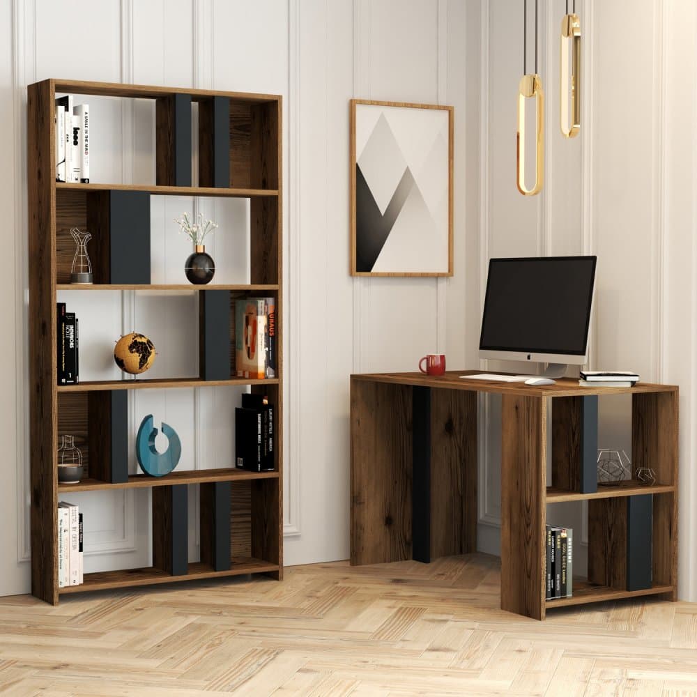 Písací stôl s knižnicou Lima - Walnut, Anthracite