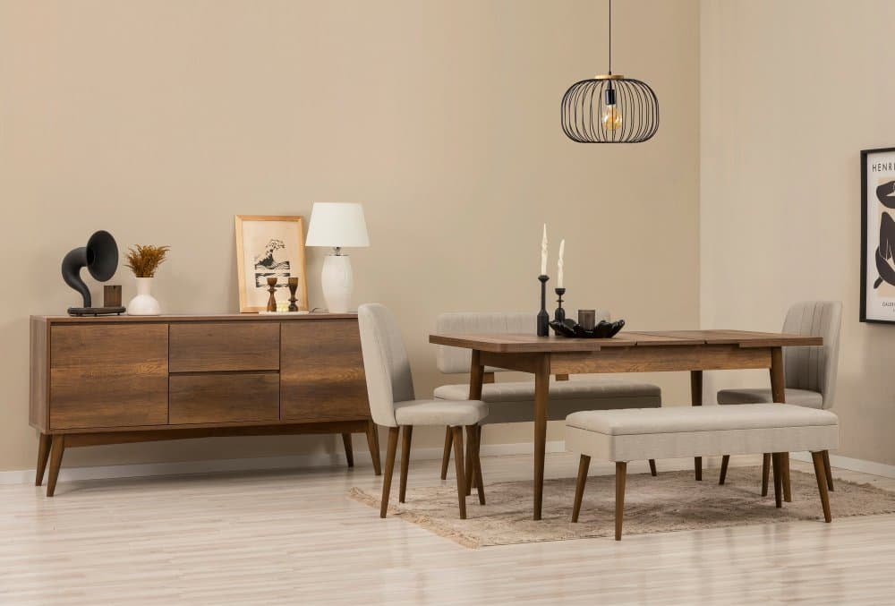 Set s rozkladacím stolom, stoličkami a konzolou (6 kusov) Vina Bench 04 1005 - Walnut, Cream 1
