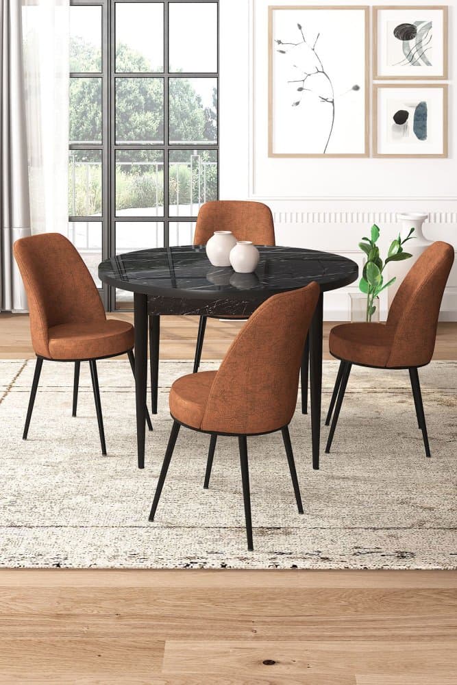 Dining Table & Chairs Set (5 Pieces) Tor - Black Marble, Tile Red 1