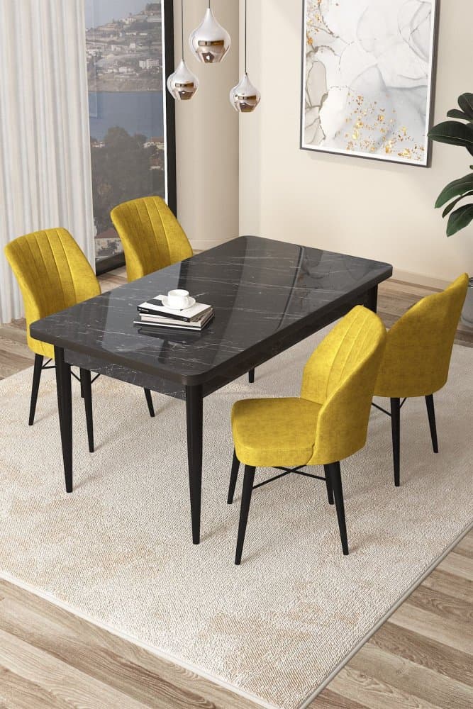 Dining Table & Chairs Set (5 Pieces) Arp - Black Marble, Mustard 1