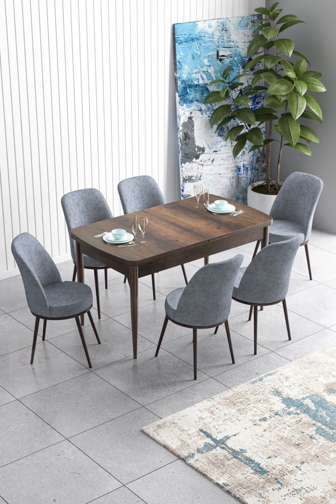 Extendable Dining Table & Chairs Set (7 Pieces) Han - Baroque, Grey 1