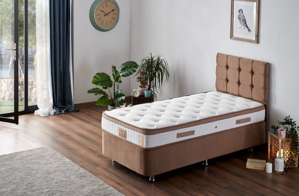 Single Mattress, Base & Headboard Latte - Light Brown (120 x 200)