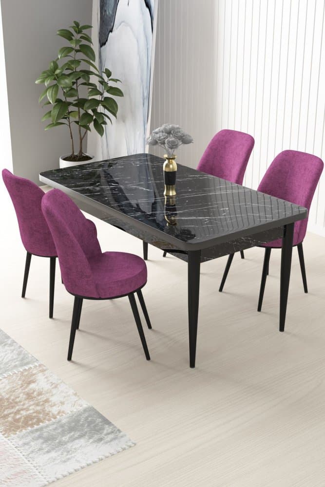 Dining Table & Chairs Set (5 Pieces) Nil - Black Marble, Purple 1