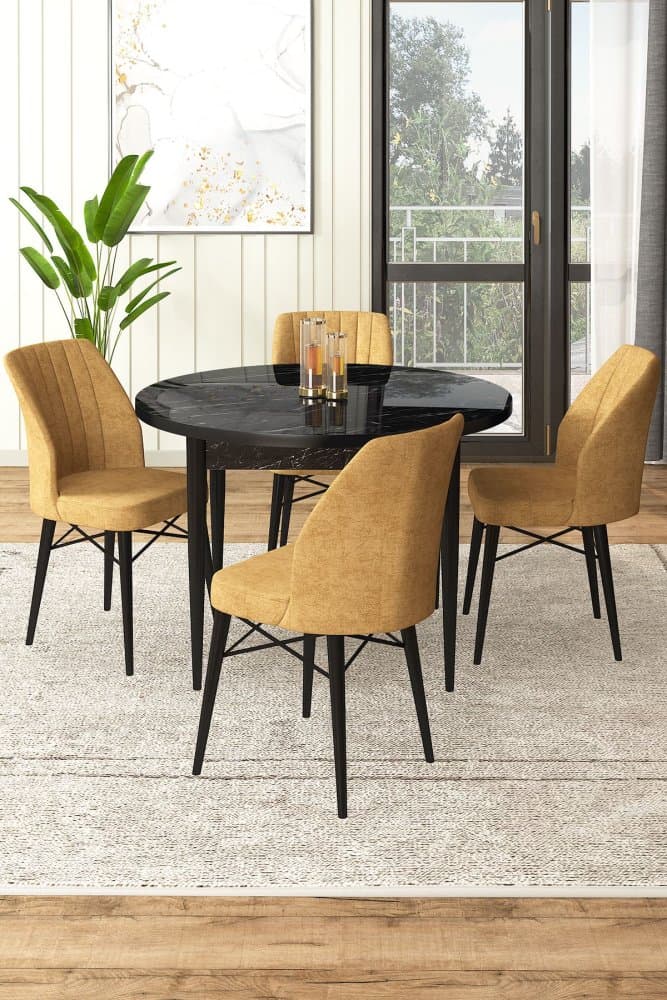 Dining Table & Chairs Set (5 Pieces) Rox - Black Marble, Cappuccino 1