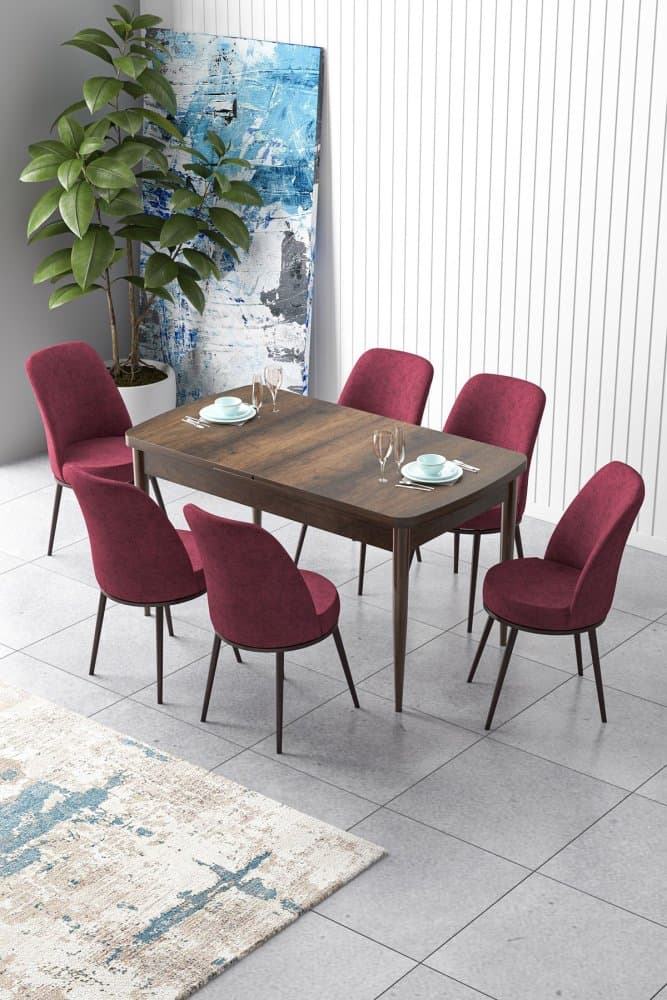 Extendable Dining Table & Chairs Set (7 Pieces) Zen - Baroque, Burgundy 1