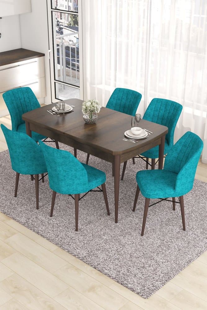 Extendable Dining Table & Chairs Set (7 Pieces) Eva - Baroque, Turquoise 1