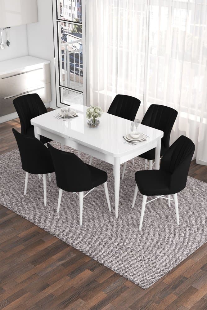 Extendable Dining Table & Chairs Set (7 Pieces) Eva - White, Black 1