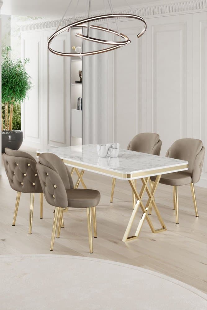 Dining Table & Chairs Set (5 Pieces) Rigel - White, Gold, Cappuccino