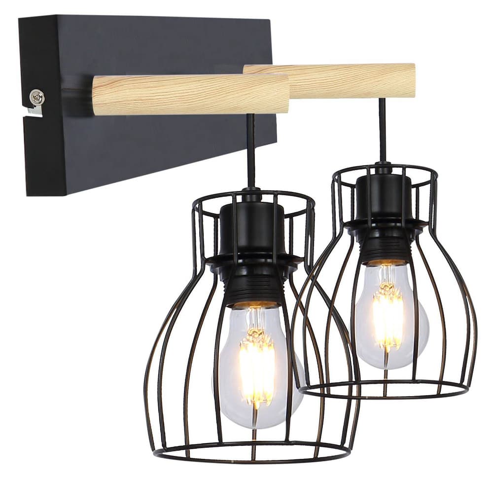 Nástenná lampa s dvojitým tienidlom, košík, čierna/drevo, E27 Bernita