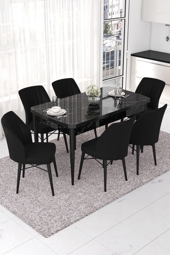 Extendable Dining Table & Chairs Set (7 Pieces) Nef - Black Marble, Black 1