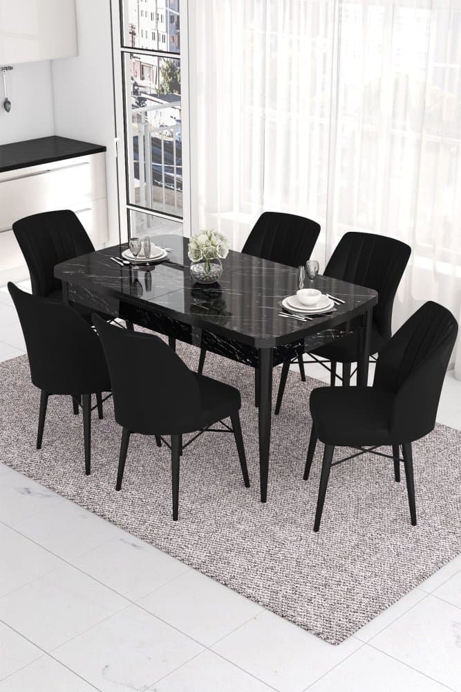 Extendable Dining Table & Chairs Set (7 Pieces) Eva - Black Marble, Black 1