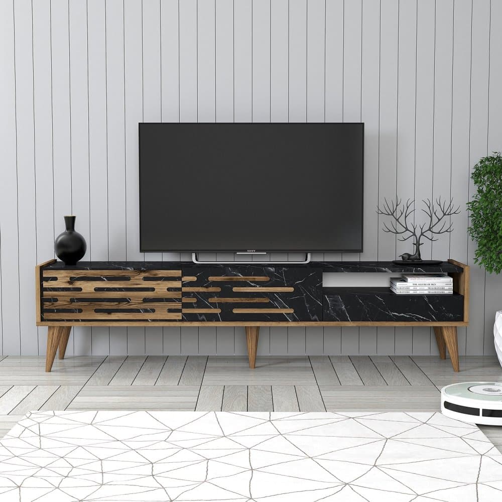 TV stolík Valensiya - Walnut, Black, Marble 1