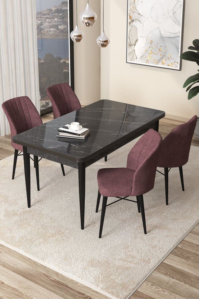 Dining Table & Chairs Set (5 Pieces) Arp - Black Marble, Dusty Rose 1