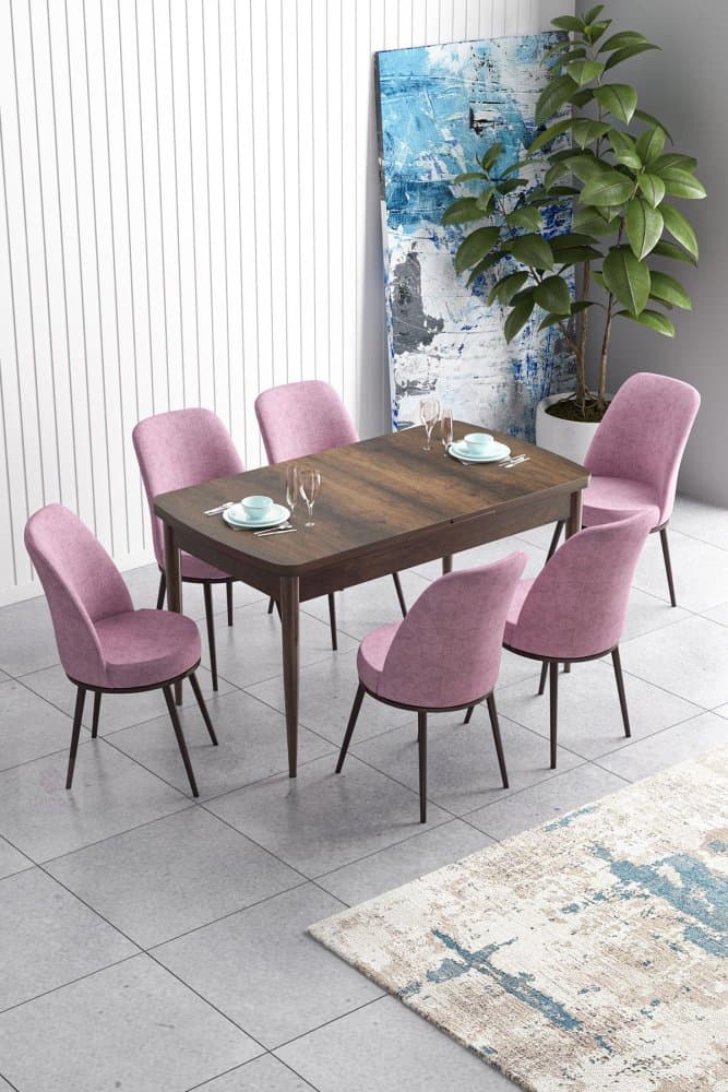 Extendable Dining Table & Chairs Set (7 Pieces) Han - Baroque, Pink 1
