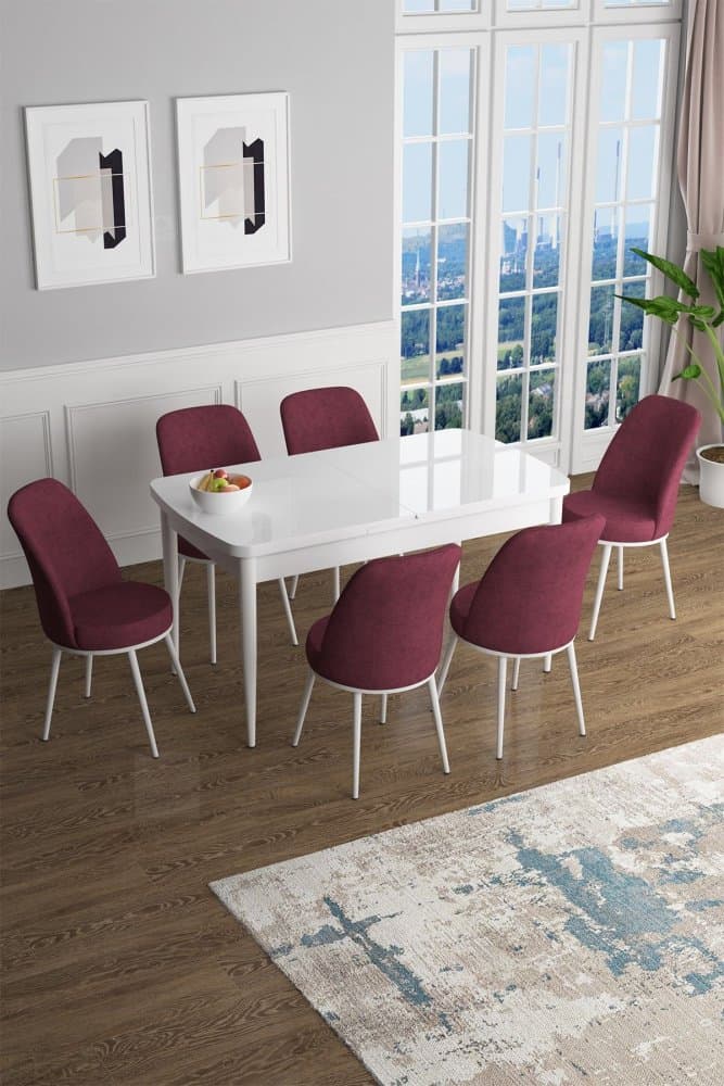 Extendable Dining Table & Chairs Set (7 Pieces) Han - White, Burgundy 1