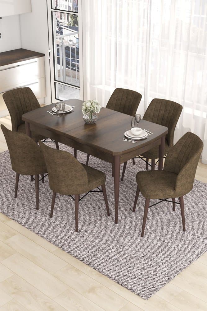 Extendable Dining Table & Chairs Set (7 Pieces) Eva - Baroque, Brown 1