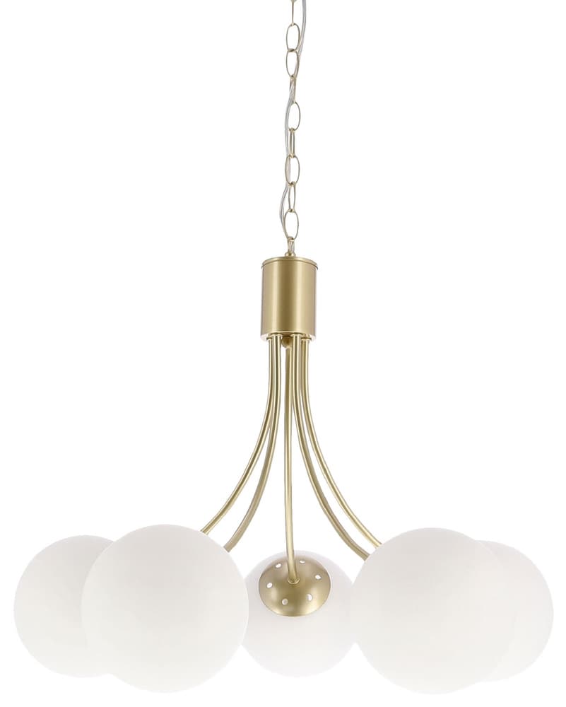 Mosadzná závesná lampa Dani 5x40W E14, biele tienidlo, elegantné stropné svietidlo do obývačky, klasický aj moderný štýl, päť svetelných bodov 1
