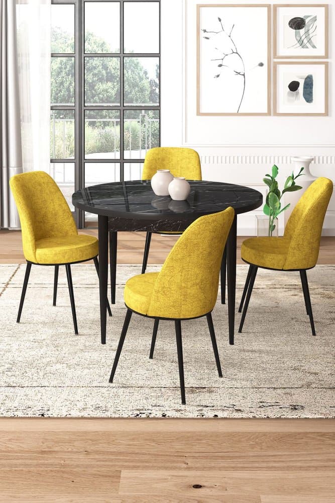 Dining Table & Chairs Set (5 Pieces) Tor - Black Marble, Mustard 1