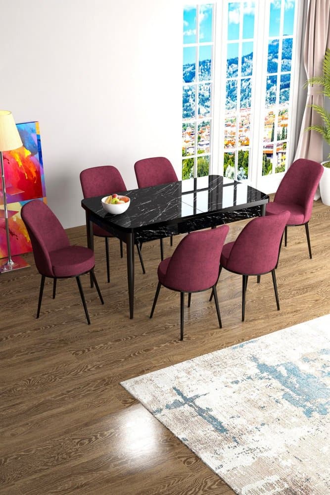 Extendable Dining Table & Chairs Set (7 Pieces) Han - Black Marble, Burgundy