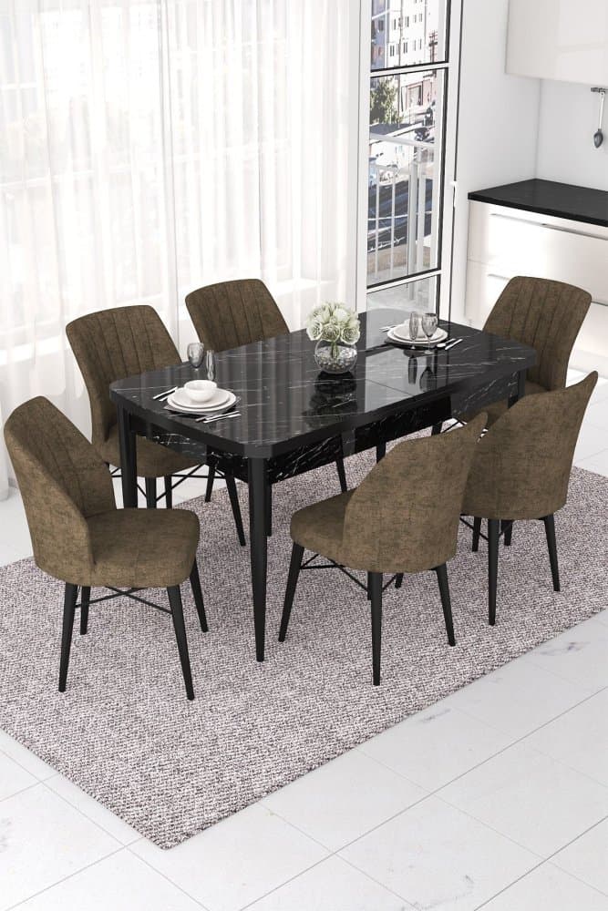 Extendable Dining Table & Chairs Set (7 Pieces) Nef - Black Marble, Brown 1