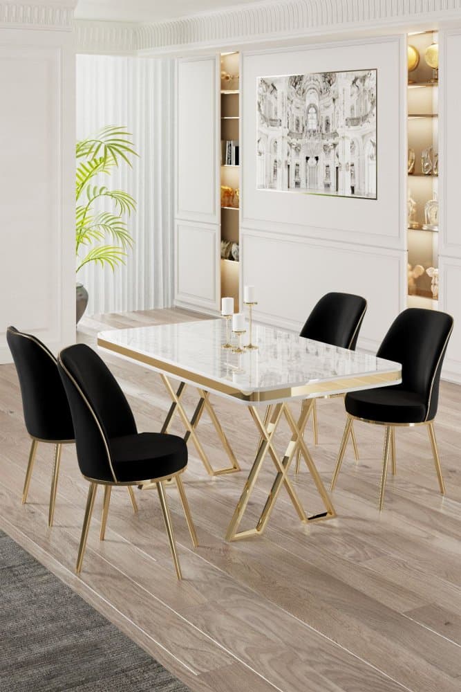 Dining Table & Chairs Set (5 Pieces) Vals - White, Gold, Black 1