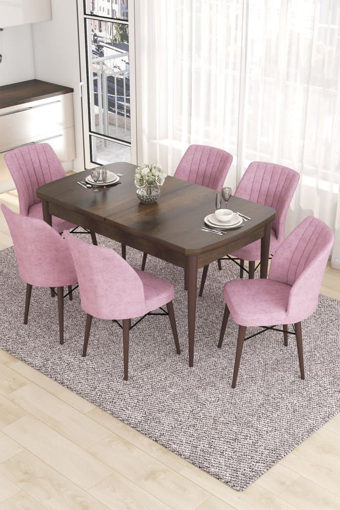 Extendable Dining Table & Chairs Set (7 Pieces) Eva - Baroque, Pink 1