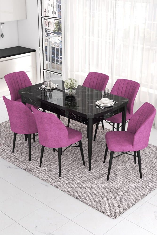 Extendable Dining Table & Chairs Set (7 Pieces) Eva - Black Marble, Purple 1