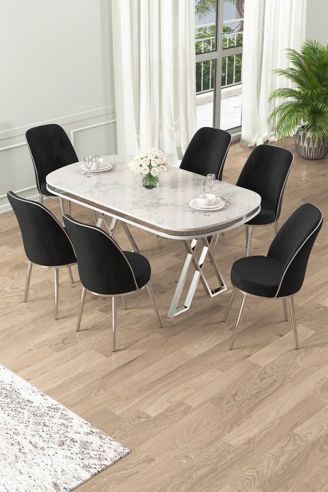 Dining Table & Chairs Set (7 Pieces) Lai - White, Chrome, Black 1