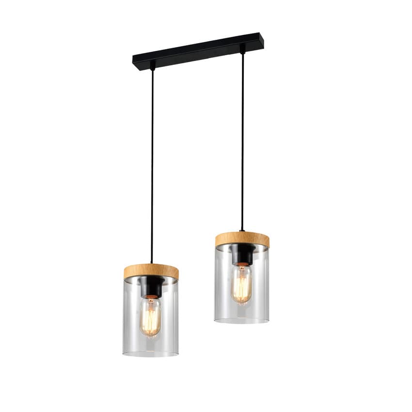 Závesná lampa Wels 2X40 čierna + drevené dymové tienidlo 1