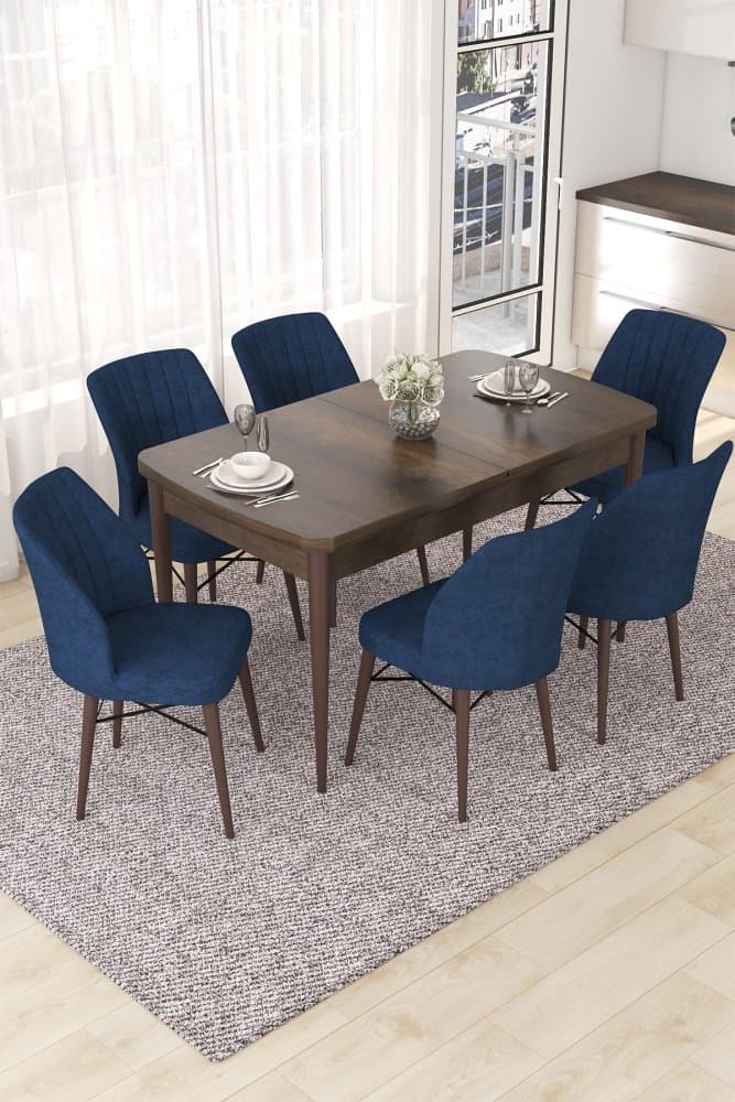 Extendable Dining Table & Chairs Set (7 Pieces) Nef - Baroque, Navy Blue 1