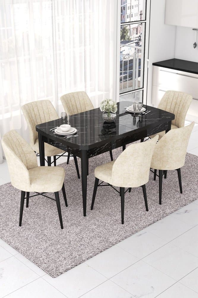Extendable Dining Table & Chairs Set (7 Pieces) Nef - Black Marble, Cream 1